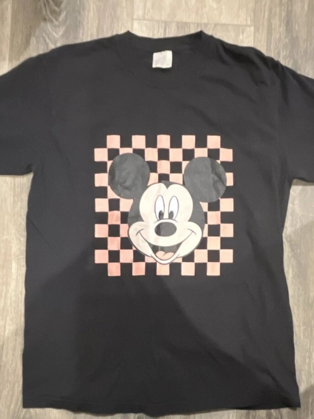 Mikey Mouse Adult Black T-Shirt Pink Checkerboard graphic